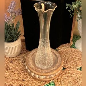 Vintage Clear Crackle Glass Vase with Ruffled Edge